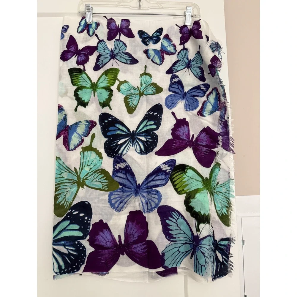 Eleni's Pop of Color Butterfly Print Modal Scarf Purple Teal Blue Frayed Edge